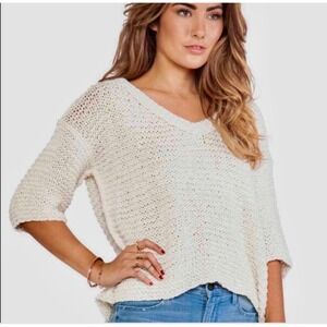 Free People Ivory Park Slope Open Knit V-Neck Sweater Boho High Low Hem Medium